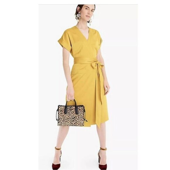 J. Crew Golden Mustard Short Sleeve Wrap Dress sz L EUC - Picture 1 of 7